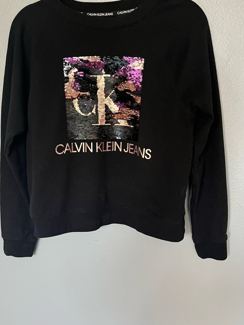 Calvin Klein Jeans Black Crewneck Sweatshirt with Sequin CK Panel